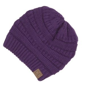 Solid Ribbed Knitted Beanie Hat Purple